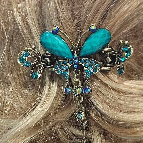 Elegant Crystal Hair Clip Turquoise Butterfly Flower Hair Crab Claw - Picture 6 of 7